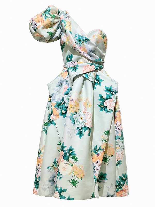 【新品DRESS 986】花柄ワンショルパフスリーブボリュームスカートミディアムドレス ライトグリーン【asos】